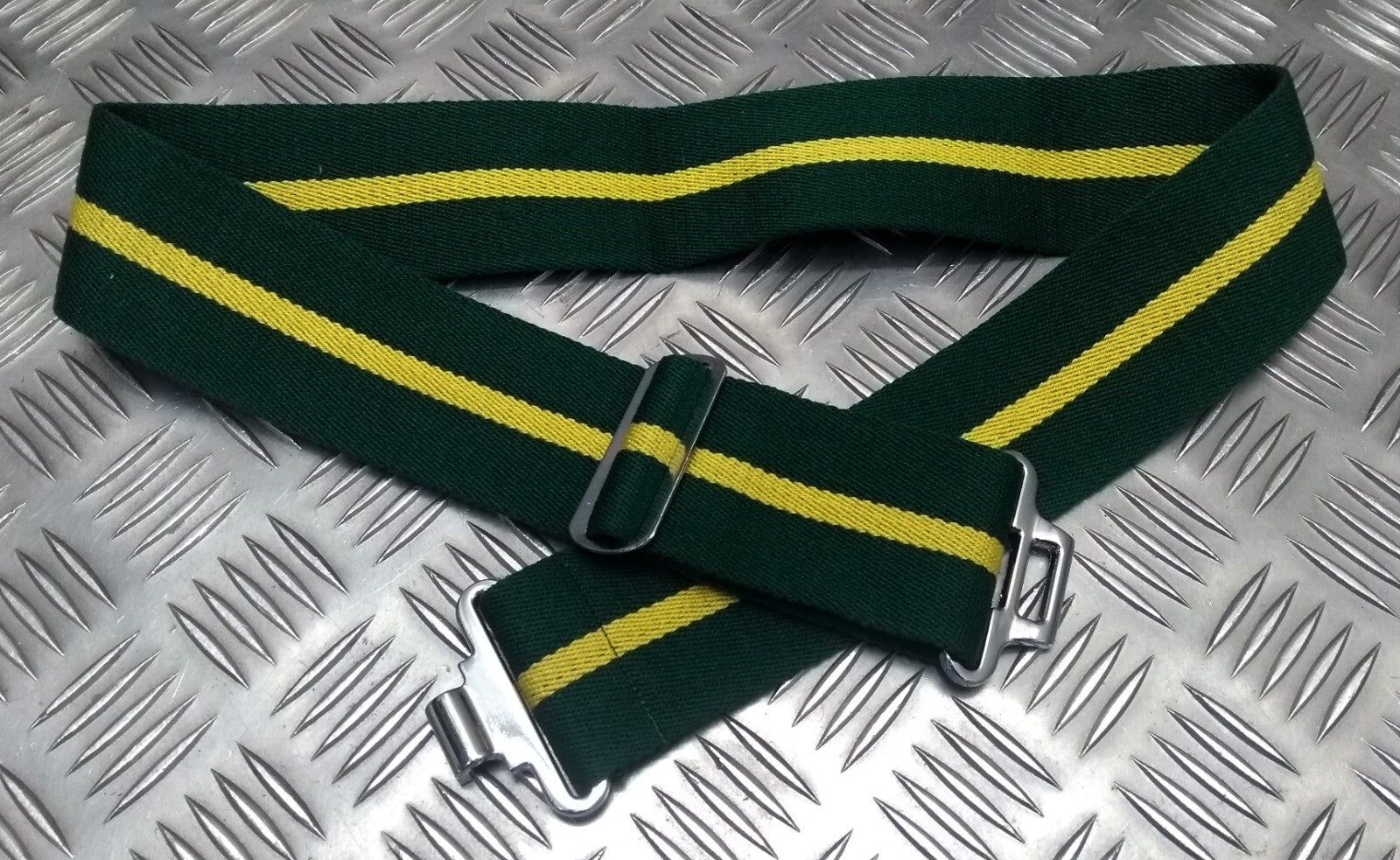 Stable Belt 57mm Green with Yellow Stripes Chrome Buckle & Slider UK Made Large