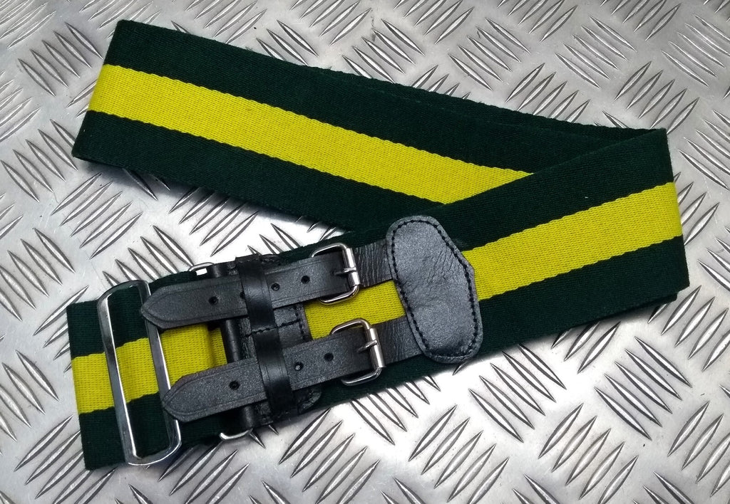 Stable Belt 75mm Green with Yellow Stripes Double Leather Straps UK Made SMALL