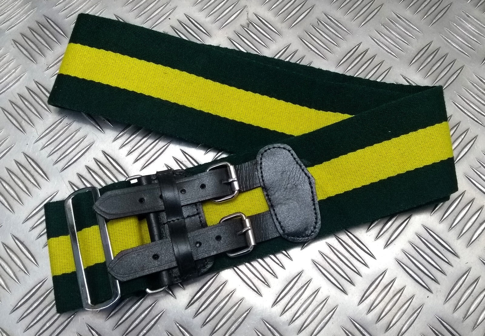 Stable Belt 75mm Green with Yellow Stripes Double Leather Straps UK Made XL