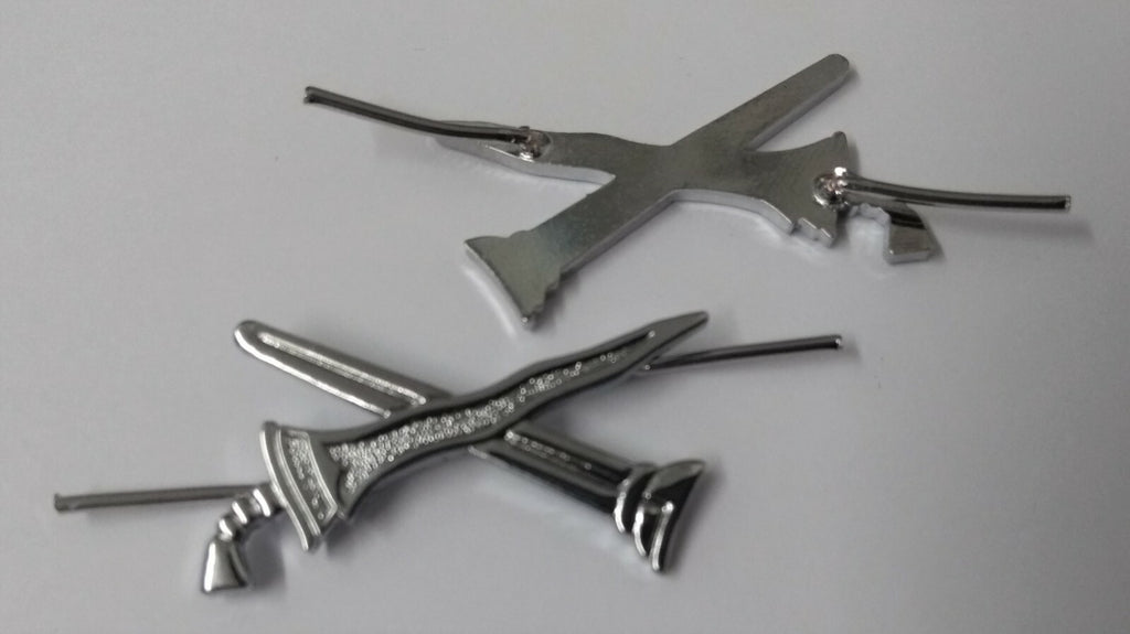 Sword & Scabbard Crossed Chrome Prong Back Obsolete Pattern- NEW