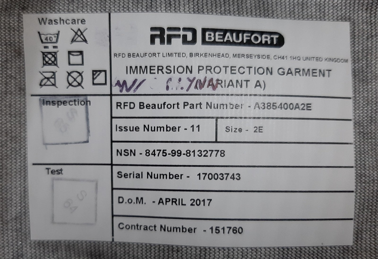 RFD Immersion Suit British Fast Jet Beaufort IPG Variant A Size 2E