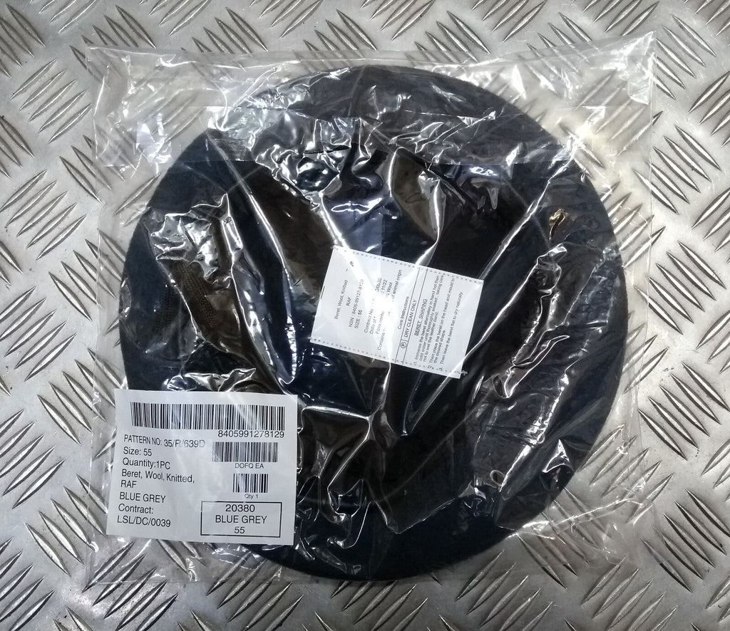 RAF Royal Air Force Beret Knitted Wool Blue Grey With Leather Rim & Badge Eyelets 55cm New