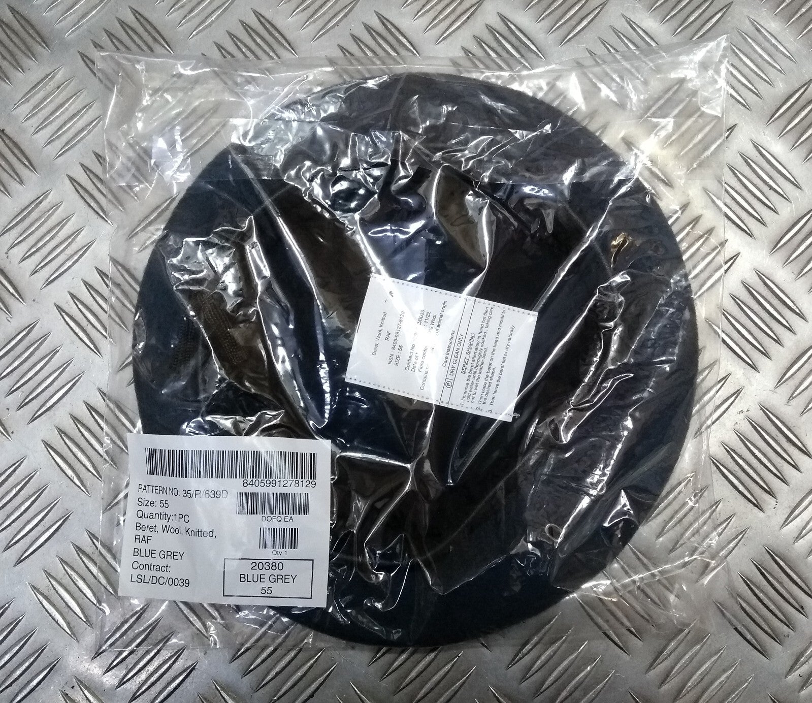 RAF Royal Air Force Beret Knitted Wool Blue Grey With Leather Rim & Badge Eyelets 55cm New