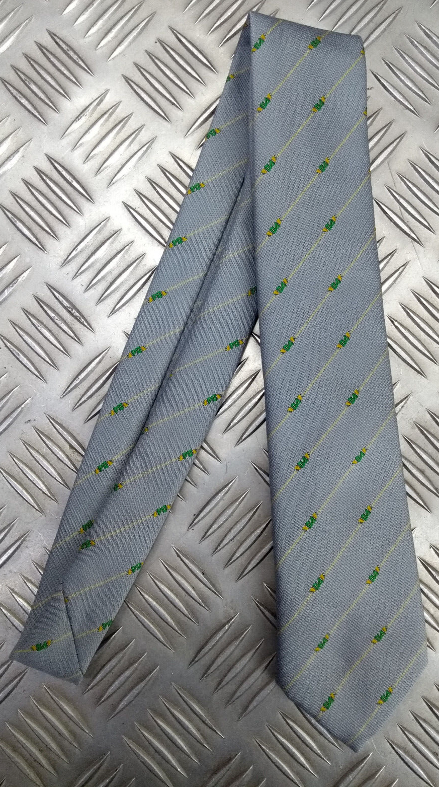 Yellow Striped Grey Tie with Unidentified Green & Yellow Symbol Pattern - NEW
