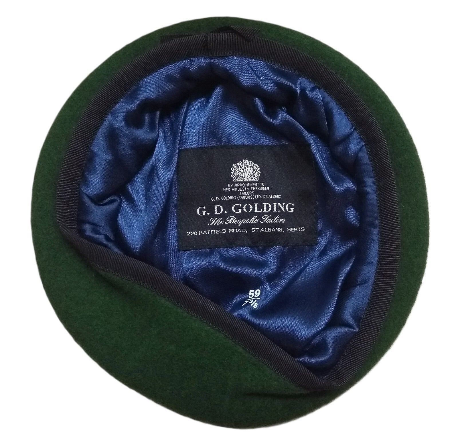 Green Beret Army Goldings UK Pattern Wool / Silky Lining & Petersham Trim 59cm.