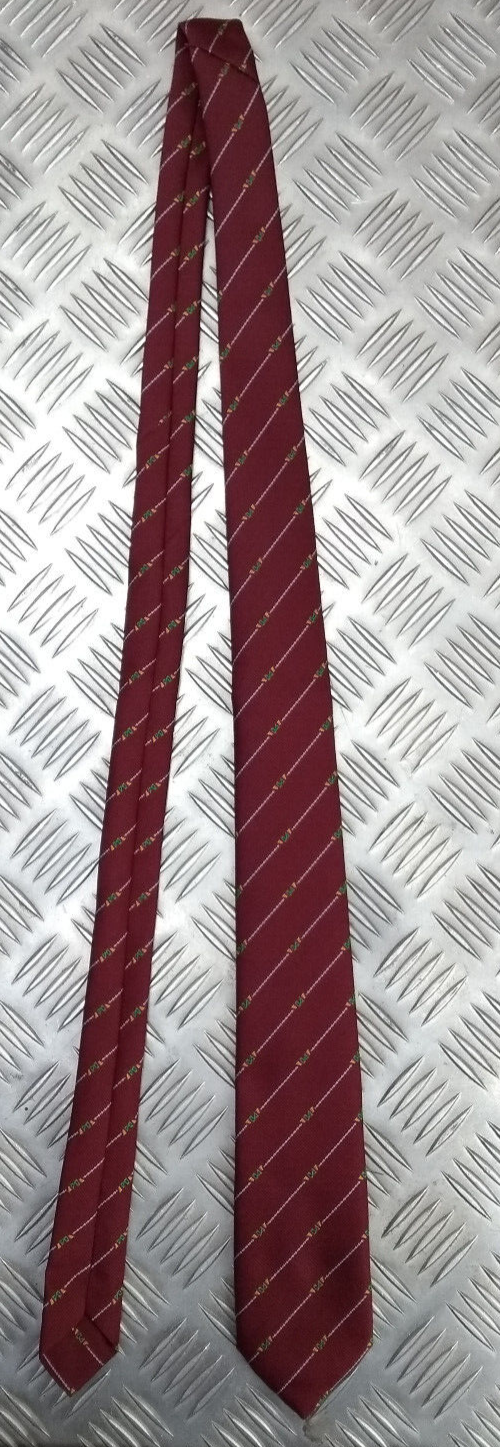 White Striped Maroon Tie with Unidentified Green & Yellow Symbol Pattern - NEW