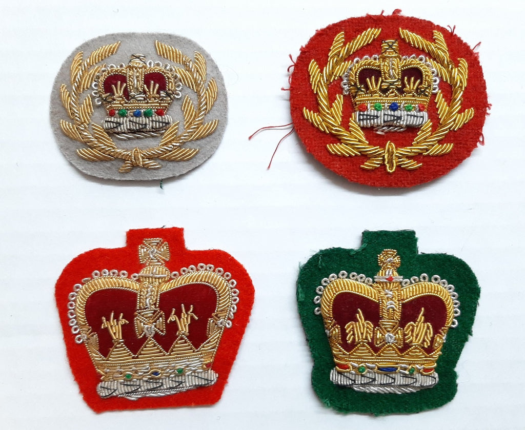 British Rank Insignia Four Hand Embroidered Queens Crown Arm Badges Assorted
