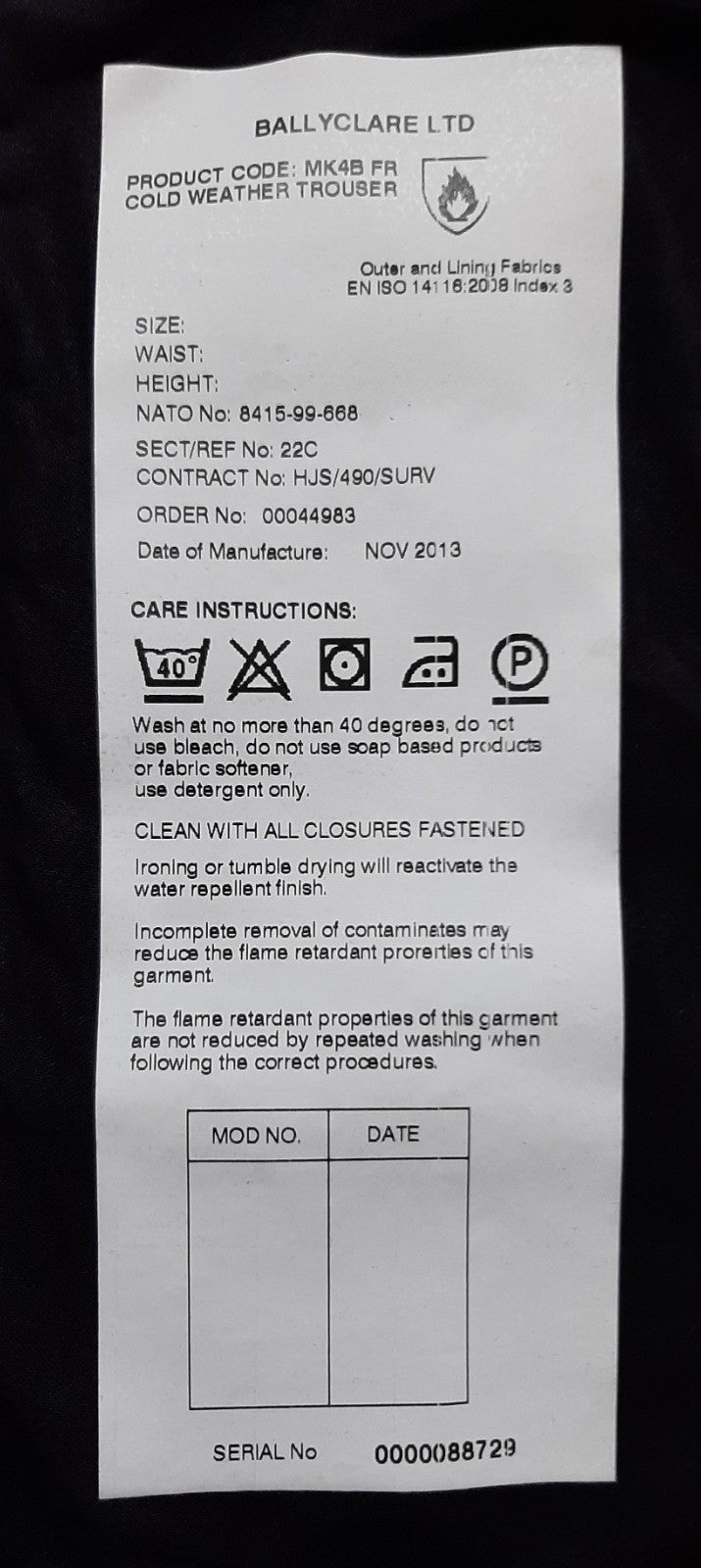 Mk4B FR Trousers British Ballyclare LTD Cold Weather Over Trouser Asst
