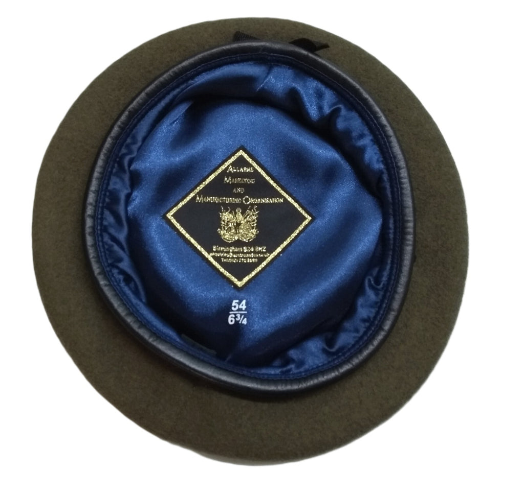 Khaki Beret Cap Allarms UK Pattern Wool / Silky Lining & Leather Trim 54cm