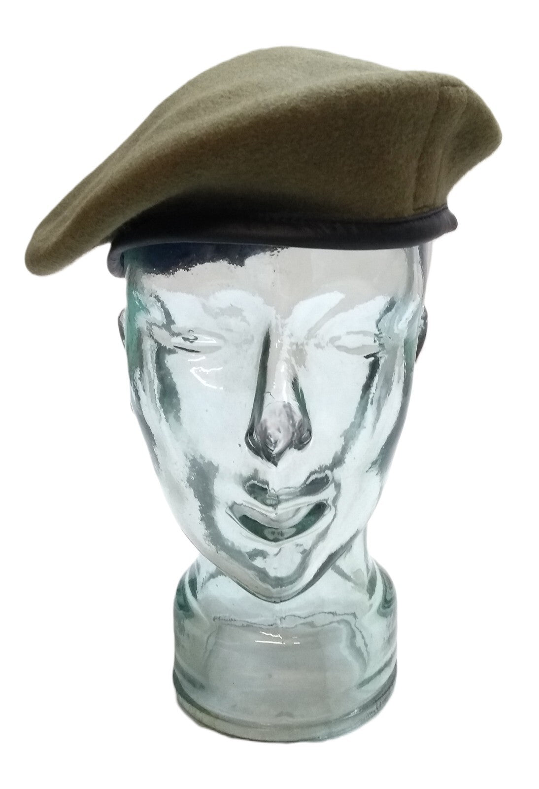 Khaki Beret Cap Allarms UK Pattern Wool / Silky Lining & Leather Trim 56cm