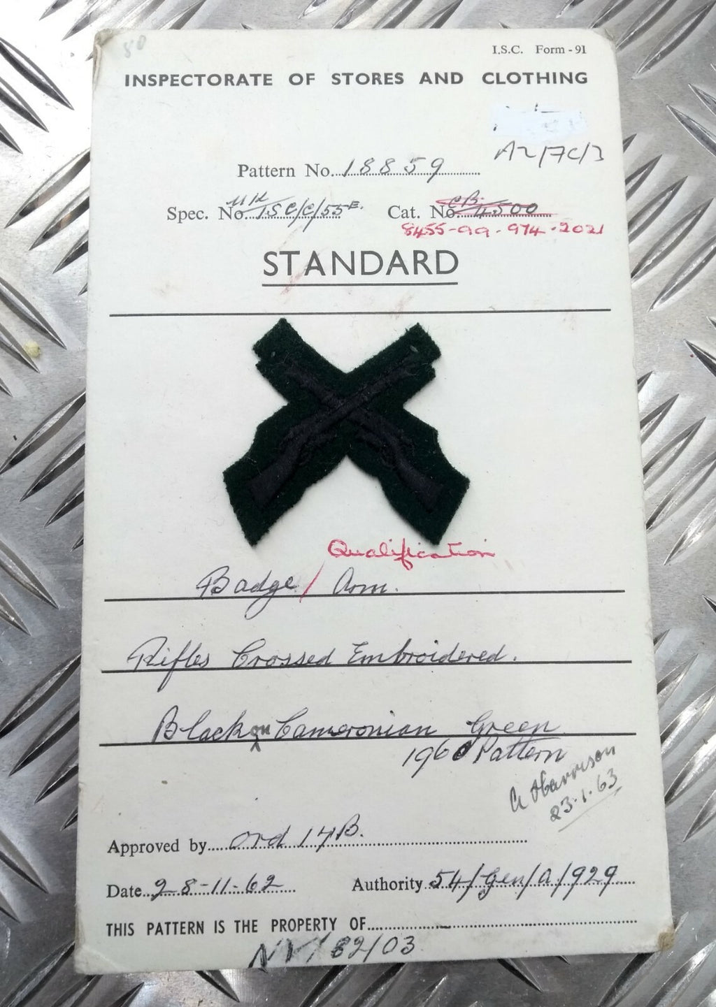 Genuine Vintage British Army Inspectorate of Stores & Clothing Sample Card 1962