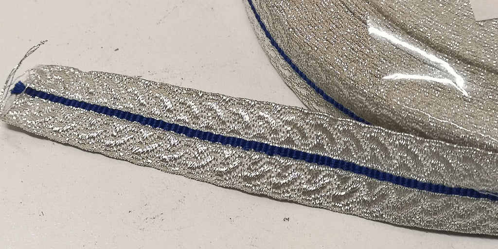 Silver Mylar Lace with Royal Blue Centre Stripe 19mm for Sword Slings