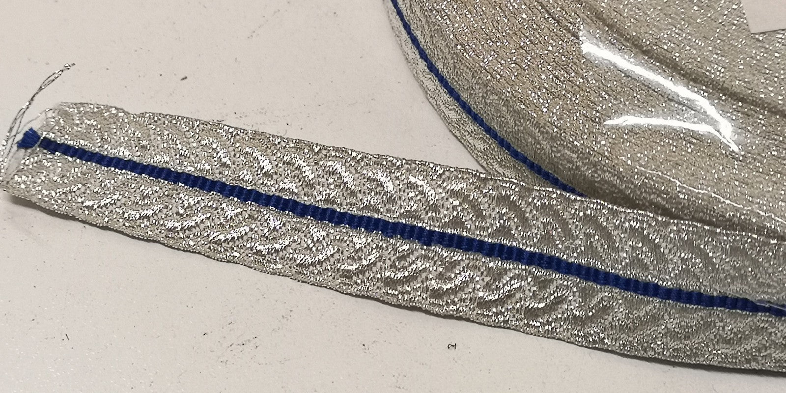Silver Mylar Lace with Royal Blue Centre Stripe 19mm for Sword Slings