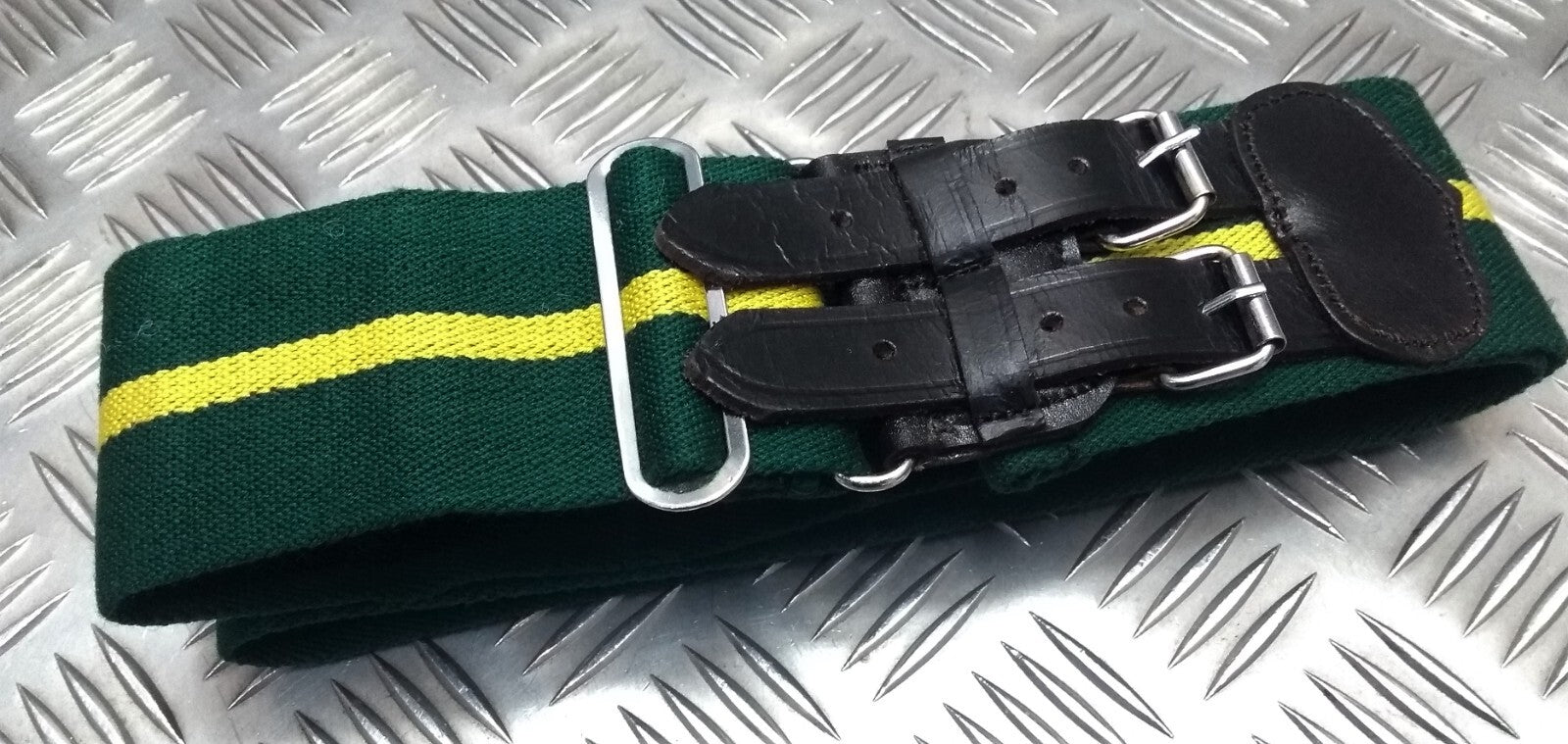 Stable Belt 64mm Green with Yellow Stripes Double Leather Strap UK Made Large
