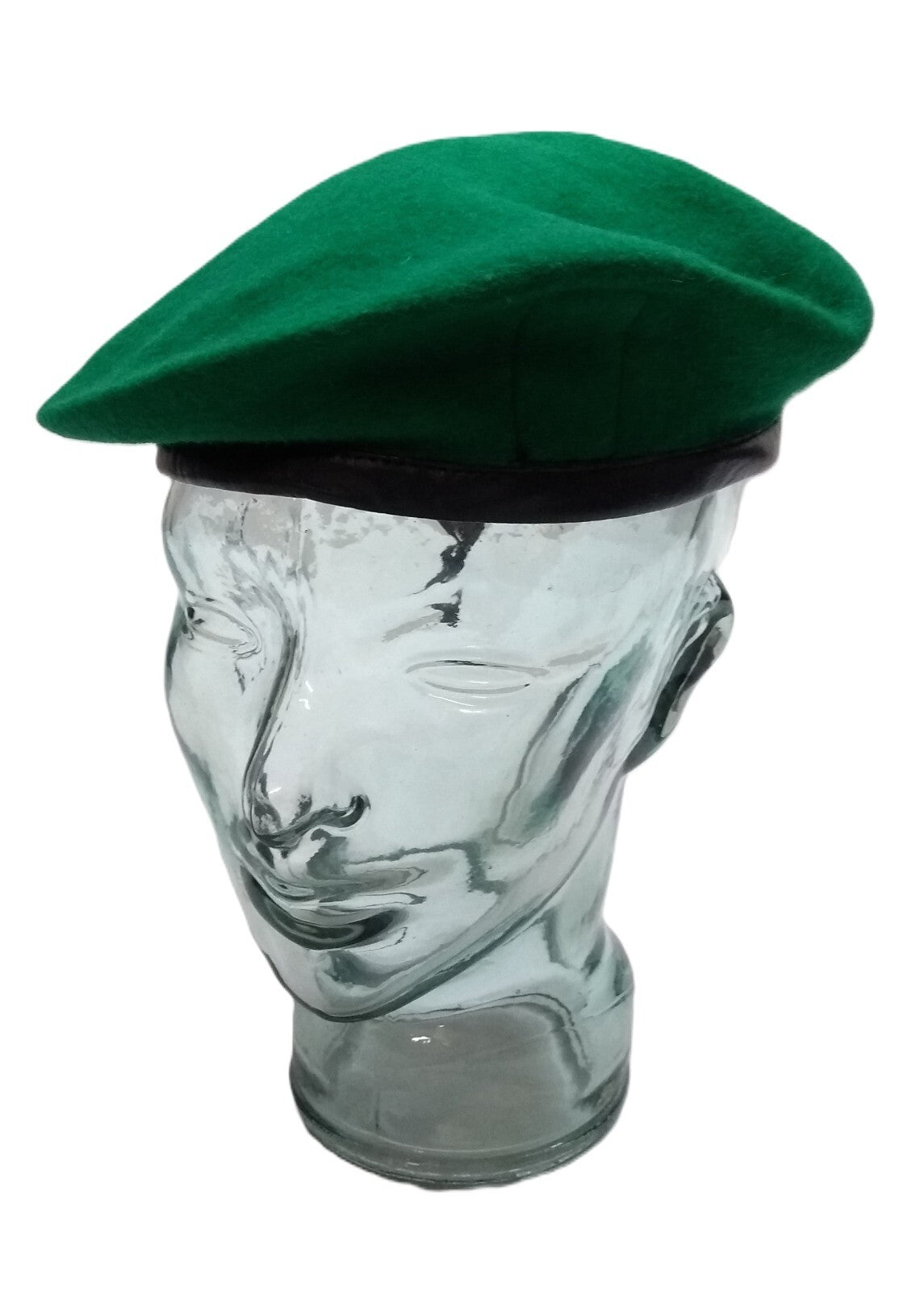 Mid Green Beret Goldings British Army Pattern Wool / Silky Lining & Leather Trim
