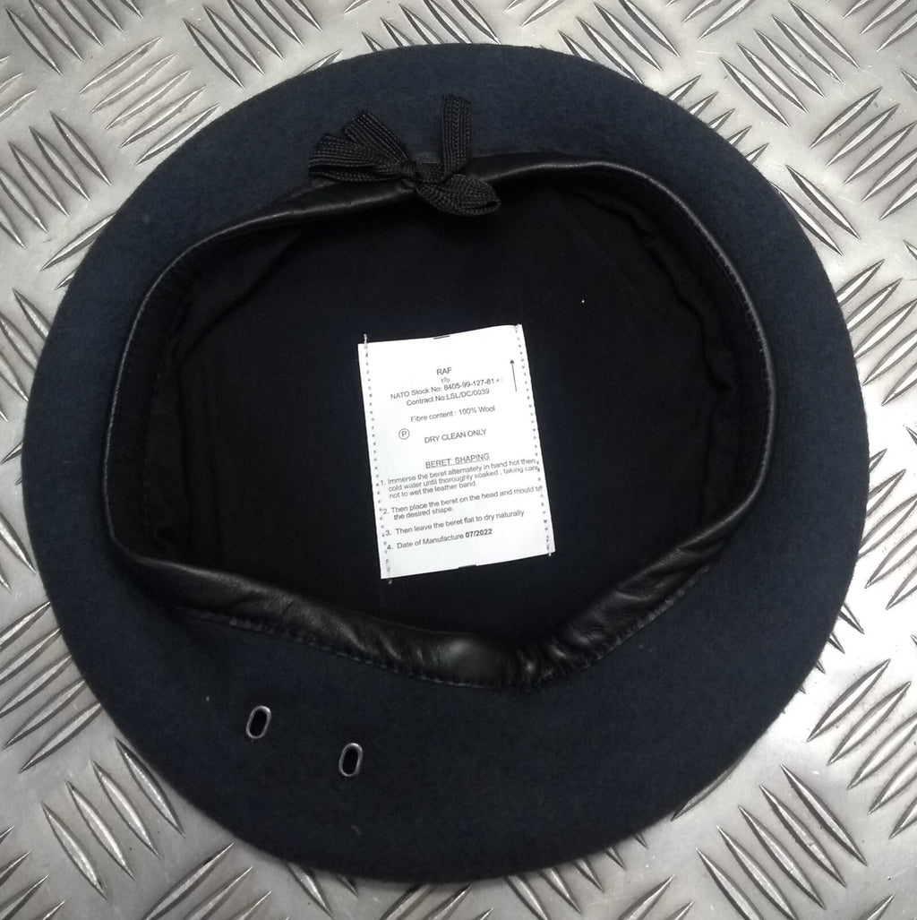 RAF Royal Air Force Beret Knitted Wool Blue Grey With Leather Rim & Badge Eyelets 49cm New