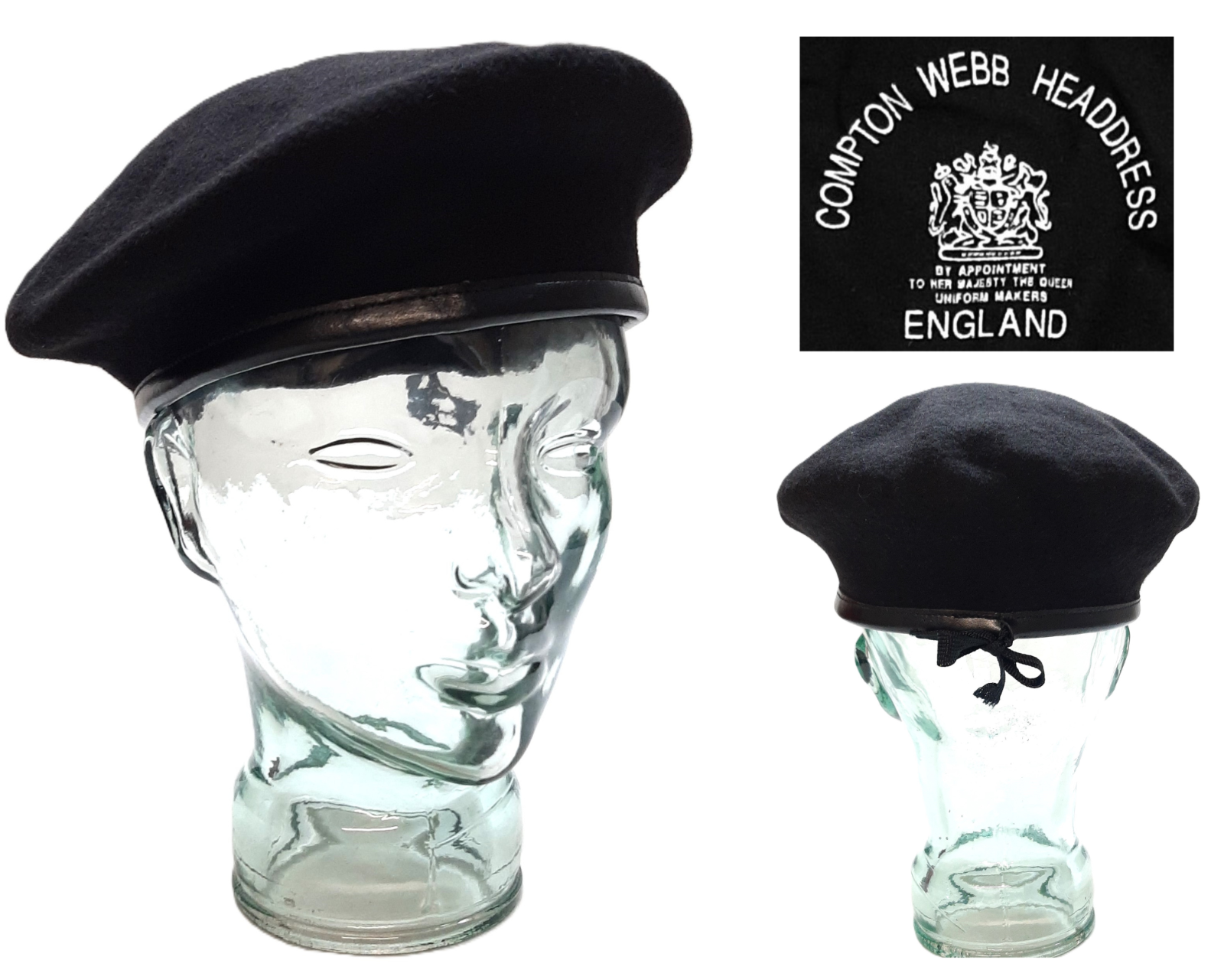 British Beret Compton Webb England Black Lined Wool Leather Edge 6 3/4