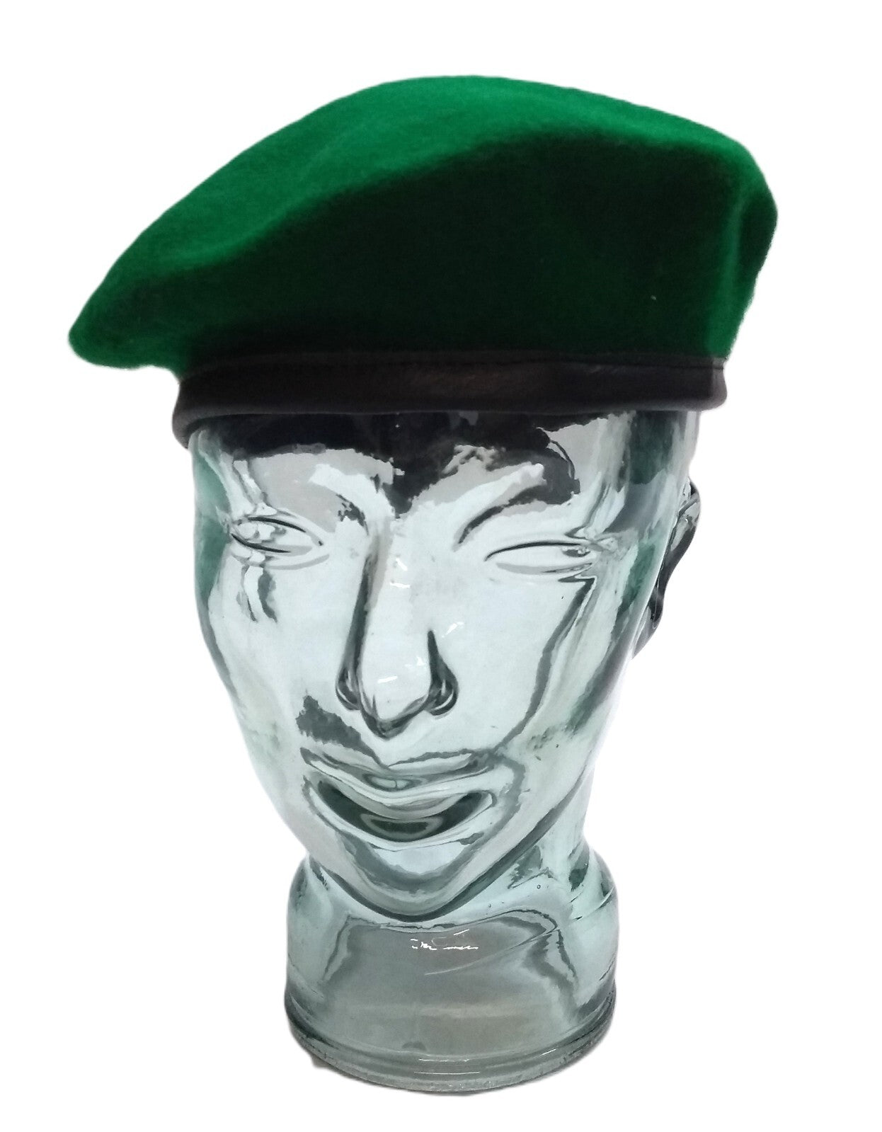 Mid Green Beret Goldings British Army Pattern Wool / Silky Lining & Leather Trim