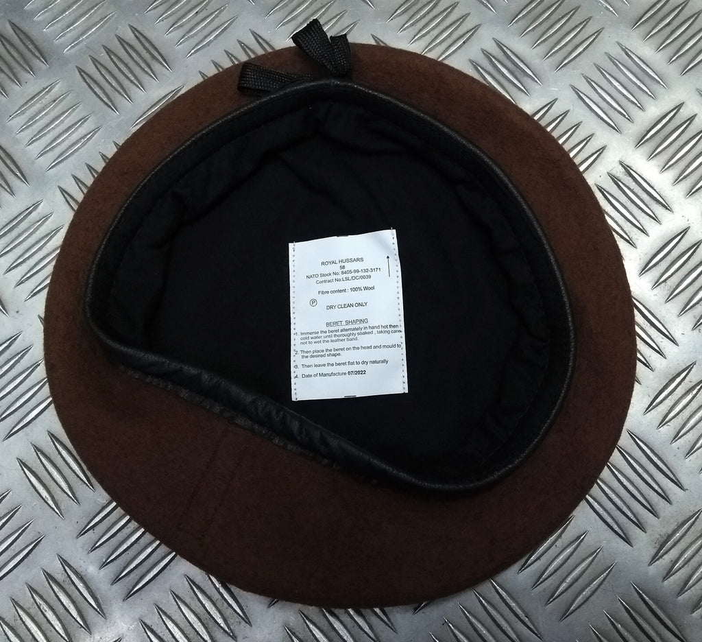 The Royal Hussars Brown Wool Beret British Army issue Size 58cm NEW