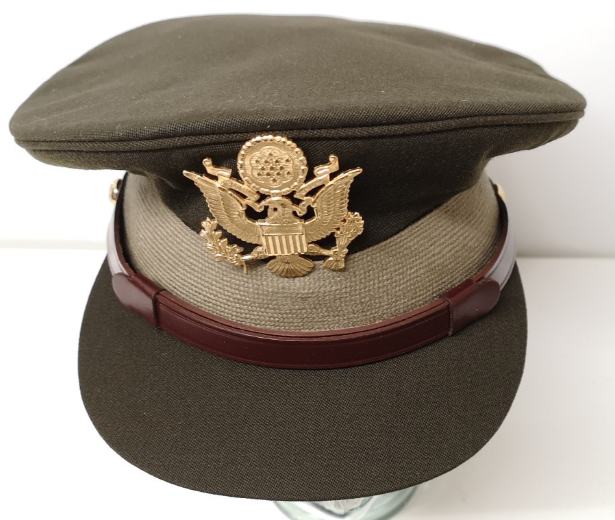 United States Army Officer's Peaked Cap Green with Beige Hatband & Hat Badge