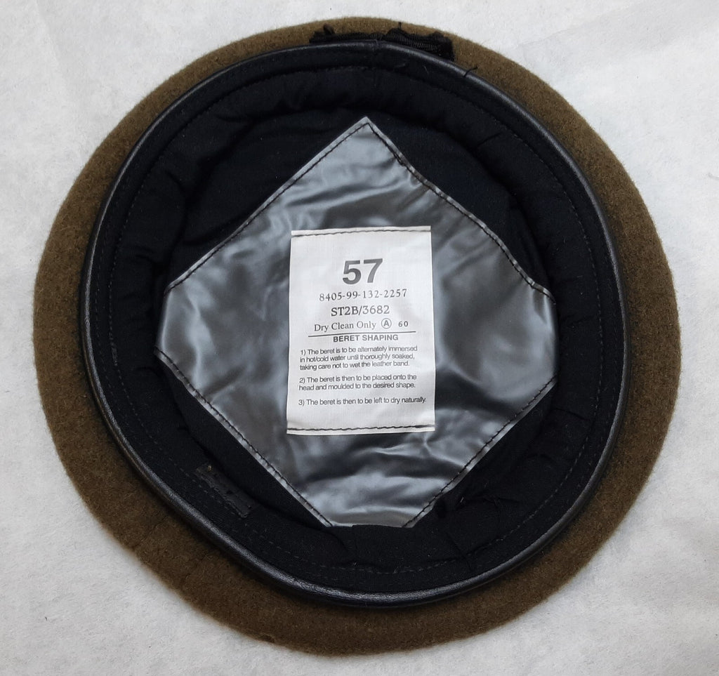 Khaki Green Beret Cap No2 Dress Old Pattern With Leather Trim No Badge 57cm