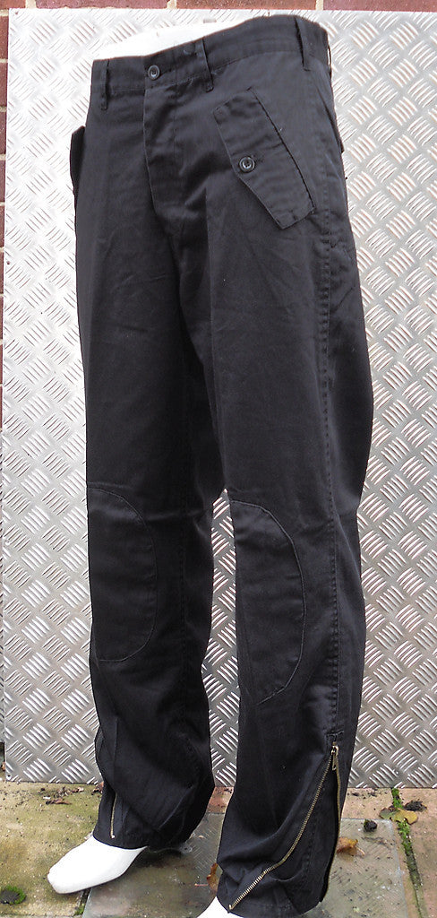 Black Italian Army Style Straight Leg Trousers w Knee Patches & Zips Size 36"