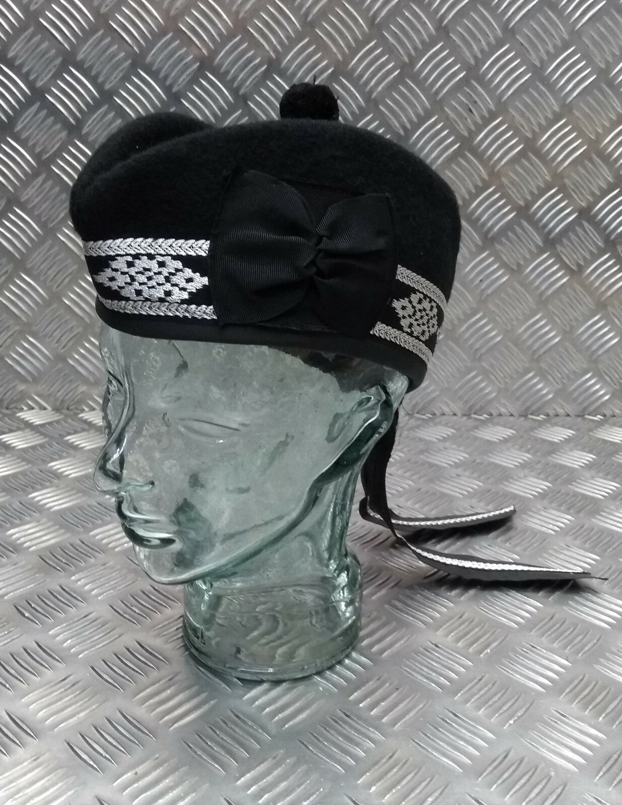Glengarry Pipers Hat Black Pom With Silver Detailing 100% Wool Made in The UK