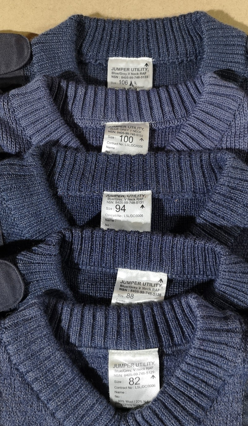 Utility Jumpers RAF Royal Air Force Blue Grey Colour V-Neck Chests 82cm - 106cm bundle of 5