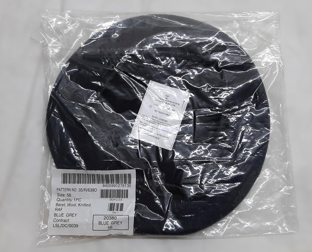 RAF Royal Air Force Beret Knitted Wool Blue Grey With Leather Rim & Badge Eyelets 56cm New