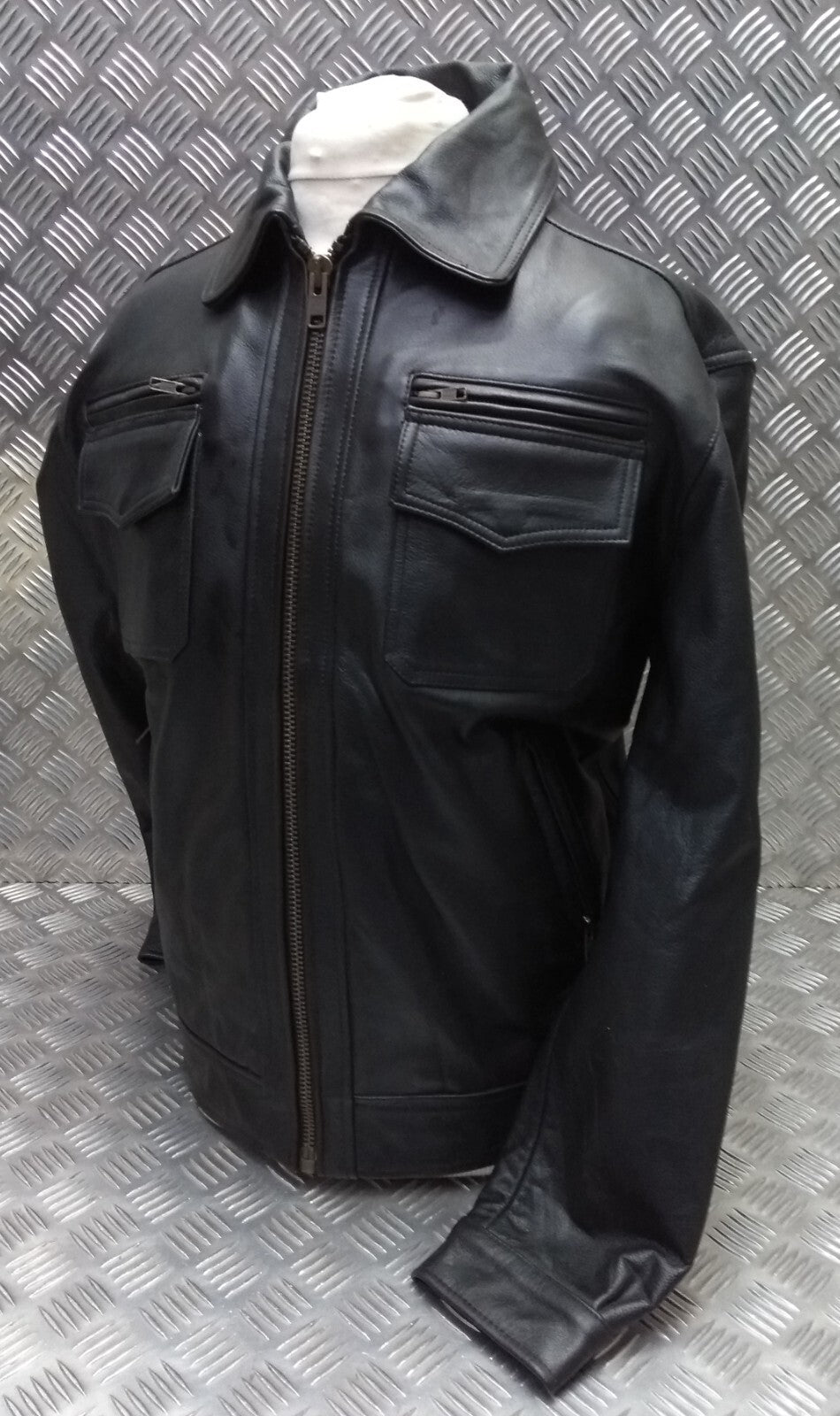 Leather Bomber Jacket Full Collar CWU Style Black Lined Casual Zip Front Coat