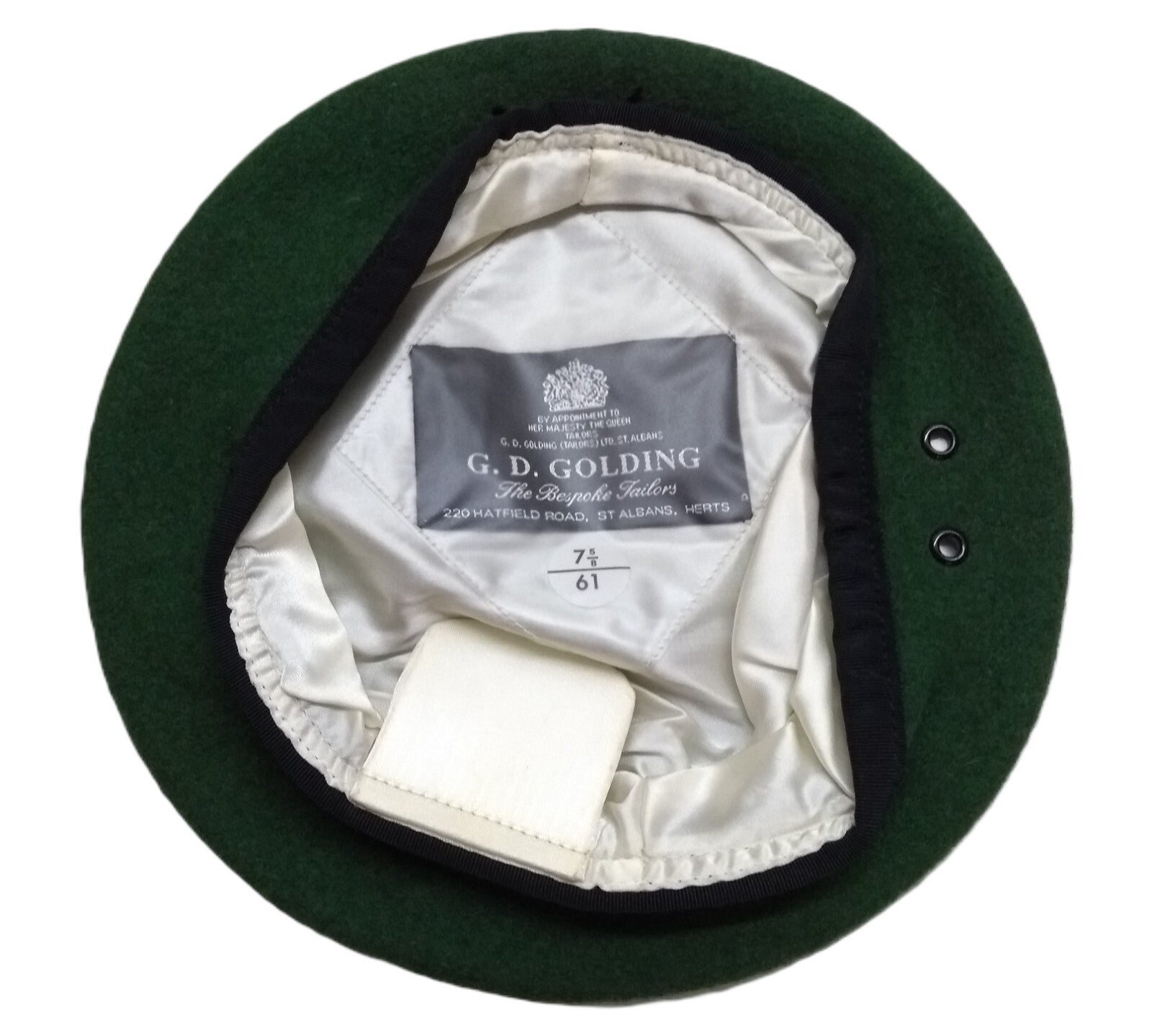 Green Beret Army Goldings UK Pattern Wool / Silky Lining & Petersham Trim 61cm.