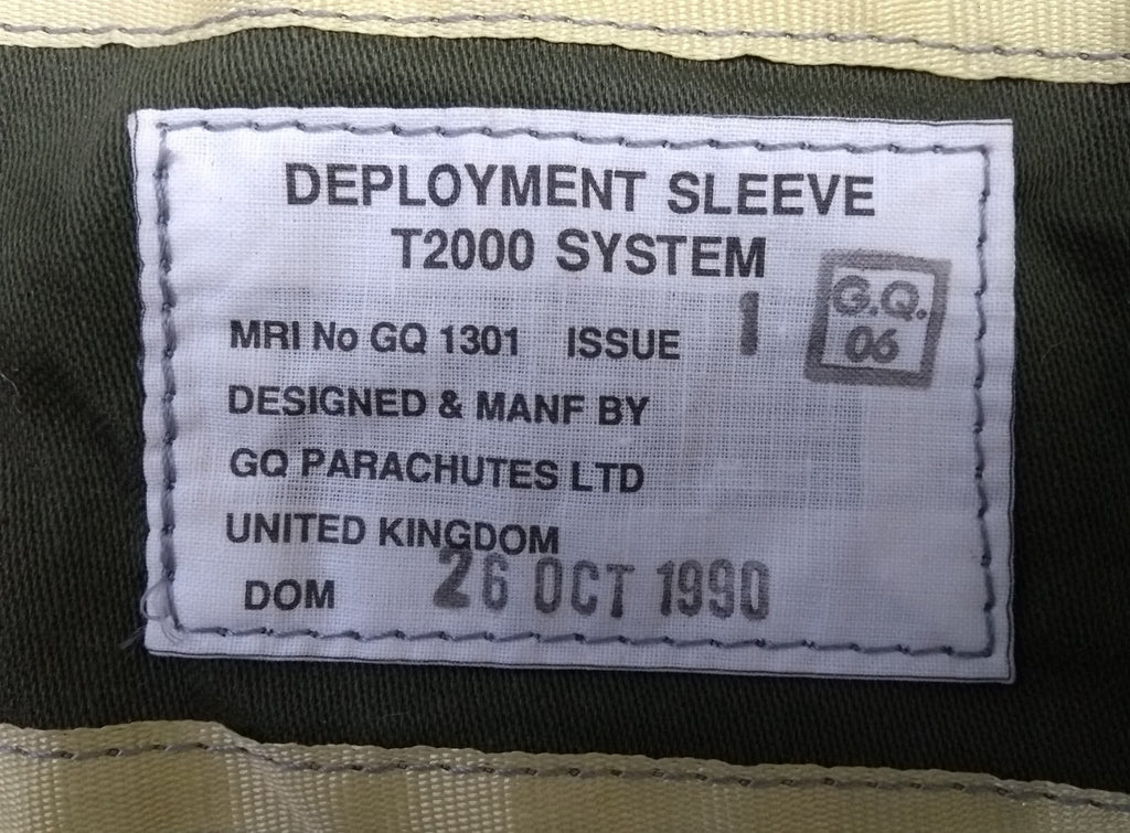 Deployment Sleeve T2000 British Issue DOM Oct 1990 GQ Parachutes LTD UK