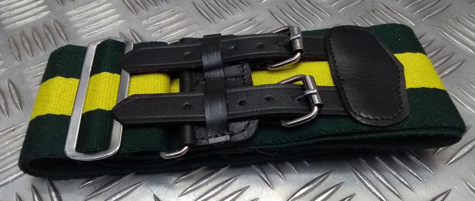 Stable Belt 75mm Green with Yellow Stripes Double Leather Straps UK Made XL
