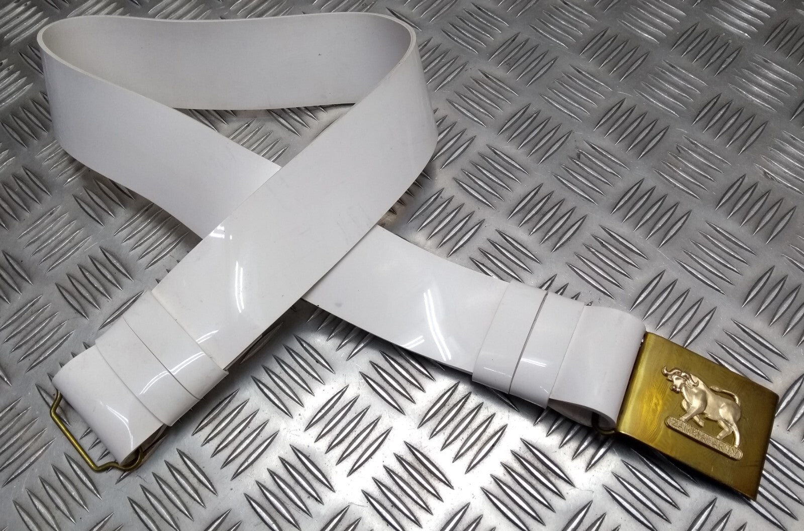 Zambia Belt PVC White Vinyl With Obsolete Zambian Bull Buckle 40"