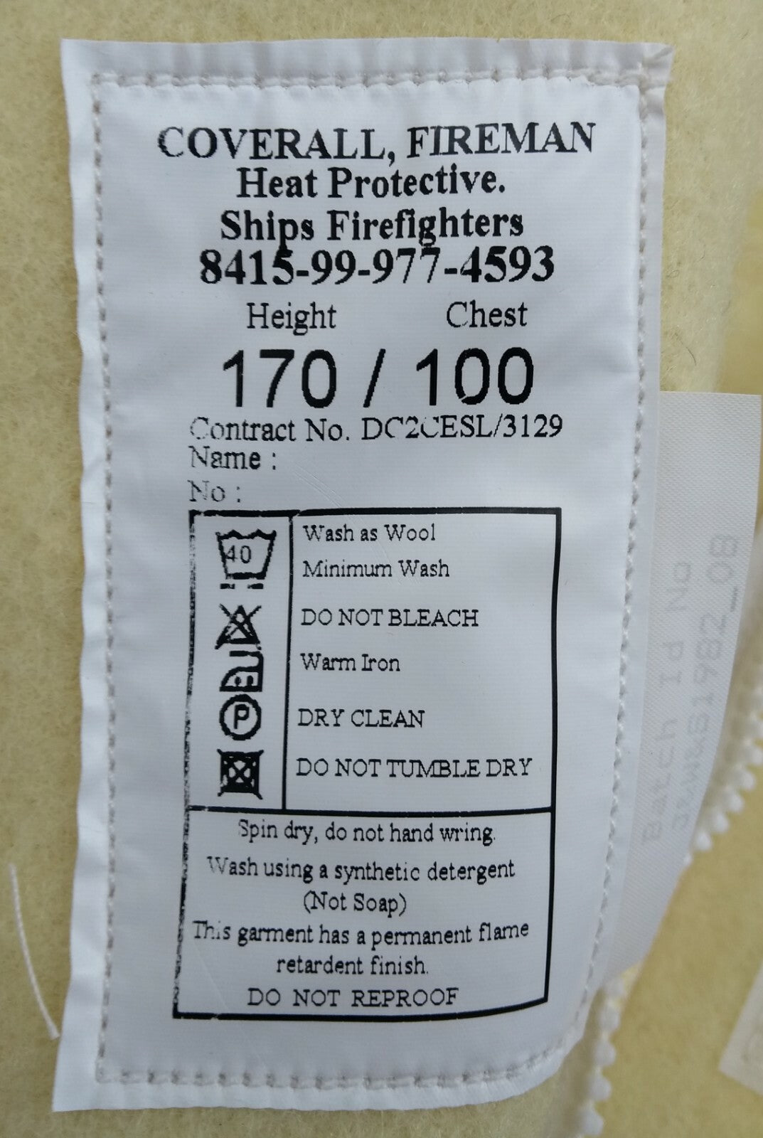 Ships Firefighters Heat Protective Fearnought Coverall British Navy 170/100cm