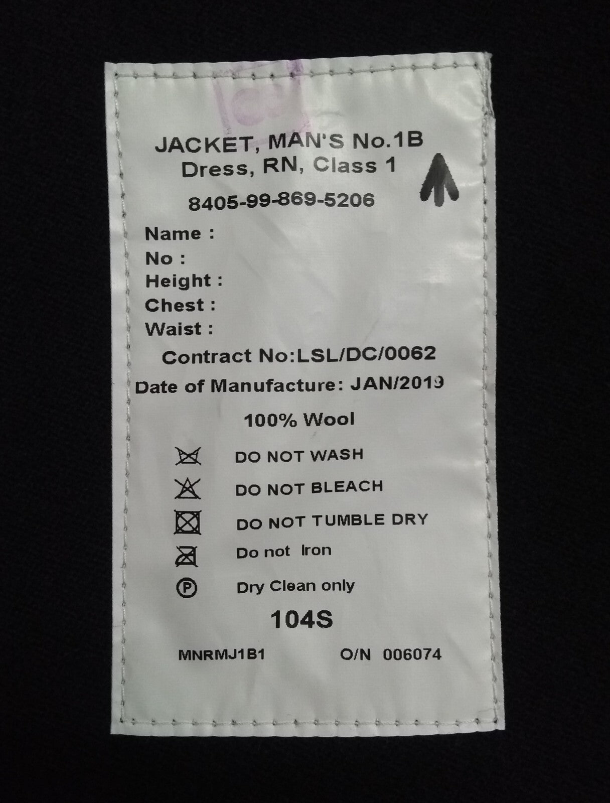 Royal Navy No1B RN Jacket Petty PO Class 1 Dress Blazer No Buttons Number 1B Size 104cm