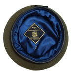Khaki Beret Cap Allarms UK Pattern Wool / Silky Lining & Leather Trim 57cm