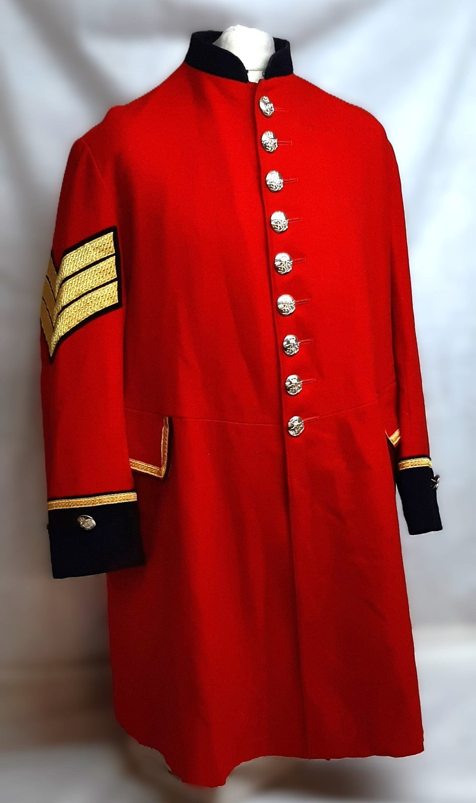 British Army Red Long Coat Royal Hospital Chelsea With 3 Bar Chevron Arm Badge