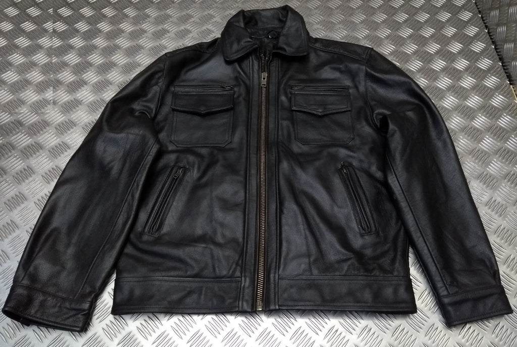 Leather Bomber Jacket Full Collar CWU Style Black Lined Casual Zip Front Coat