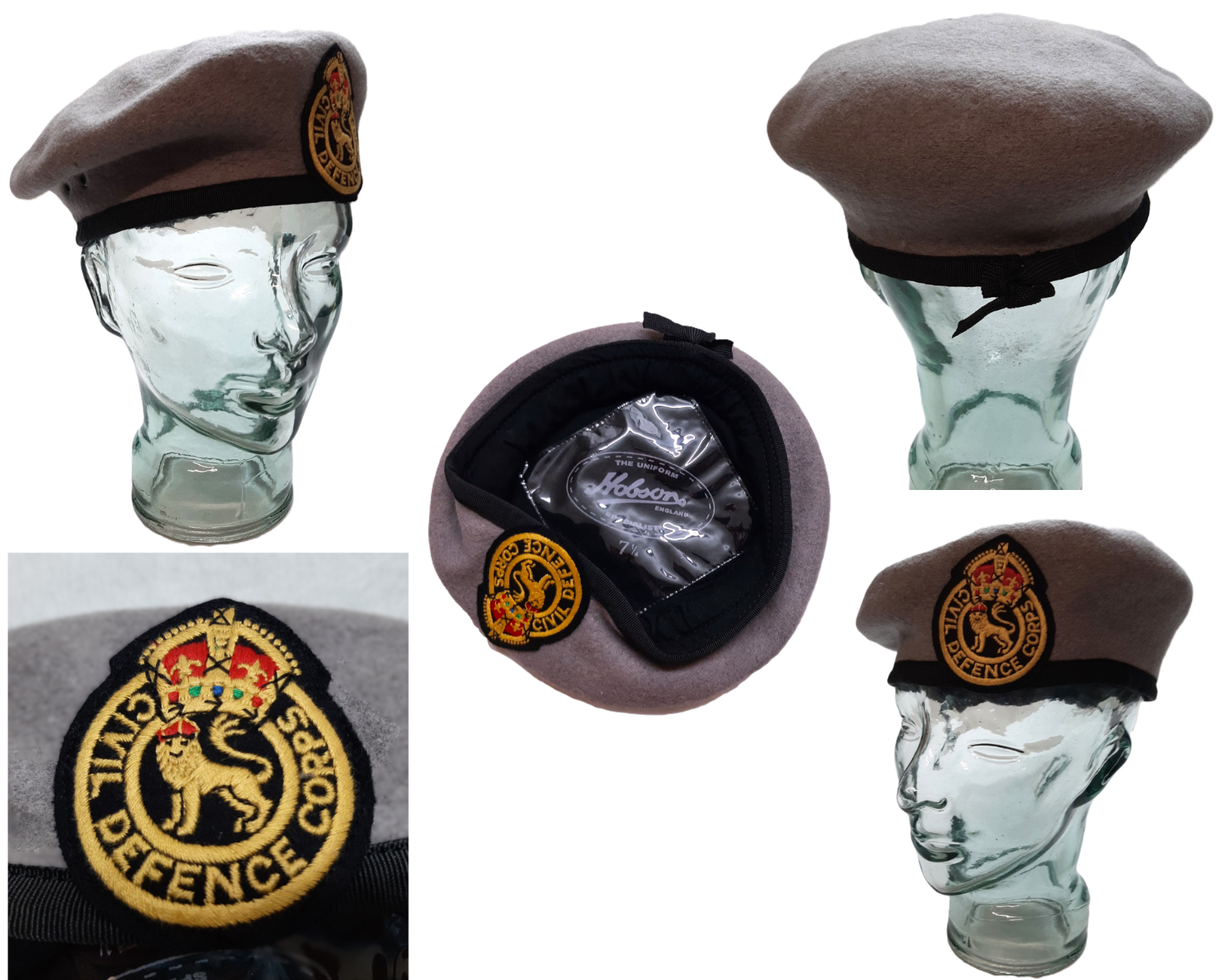 Hobson Beret Emerald Grey with Kings Crown Civil Defence Badge Size 7 1/4