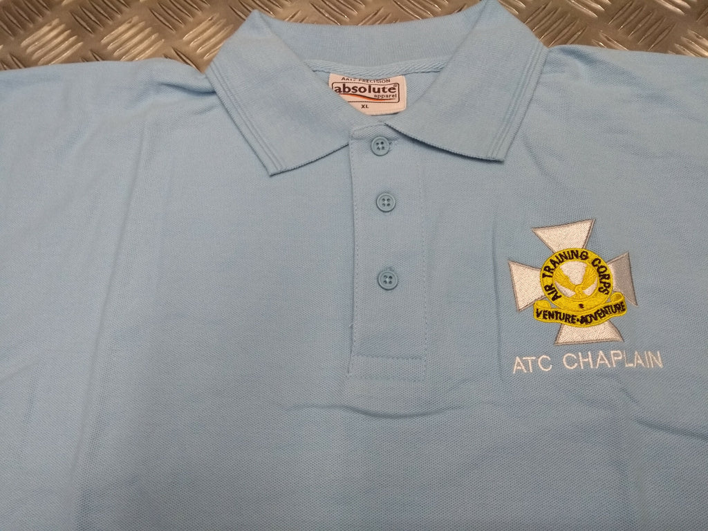 ATC Chaplain Polo Shirt Short Sleeve Light Blue with Badge British Army X-Large