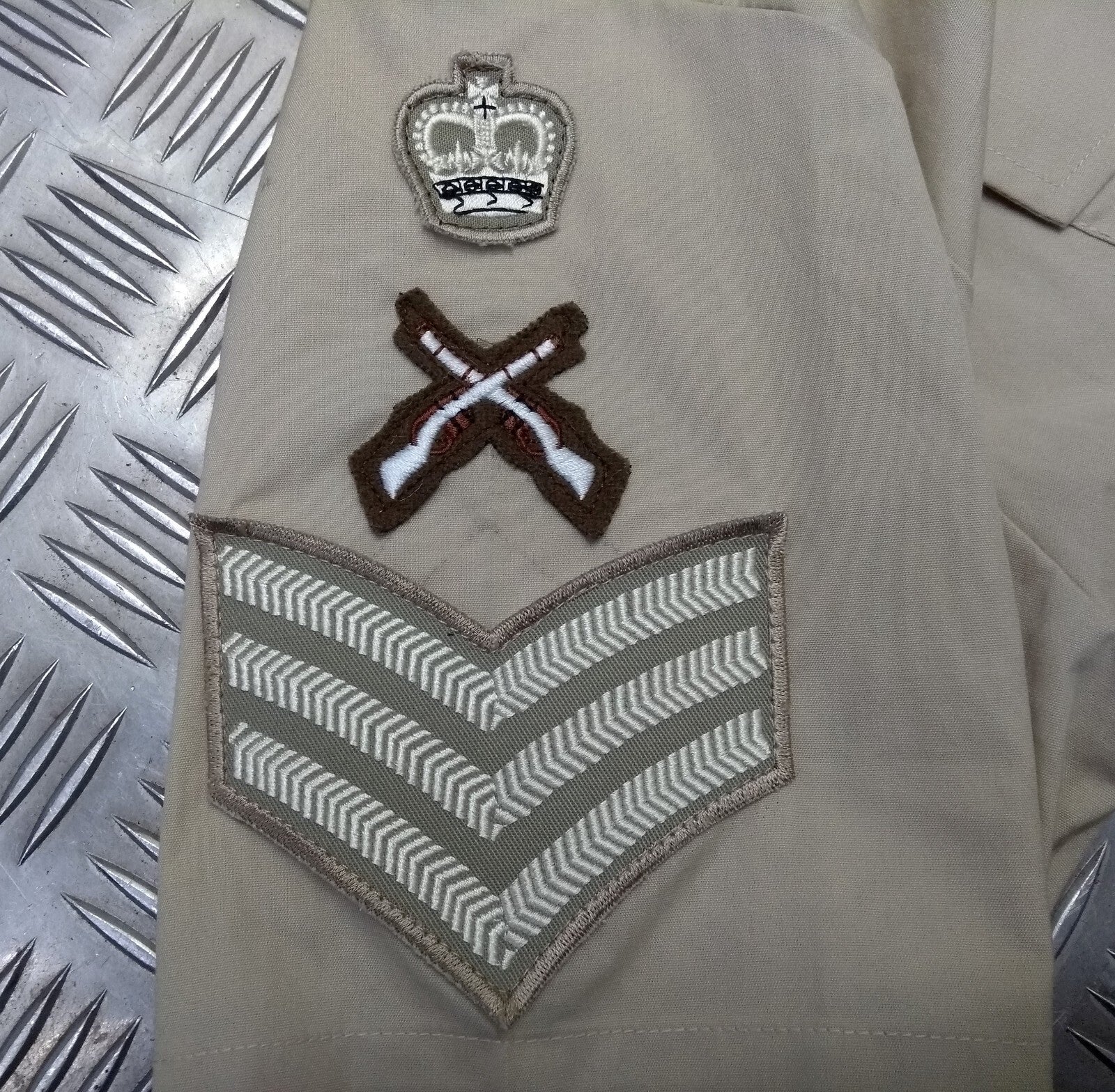 Fawn Shirt Army Short Sleeve Issue With Staff Sergeant / Skill at Arms Insignia