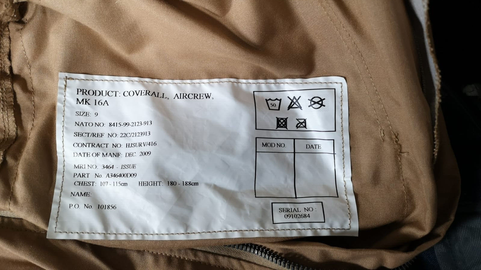 Aircrew Coverall MK16A Sand Desert Boiler Suit Size 9 Chest Range 107-115cm