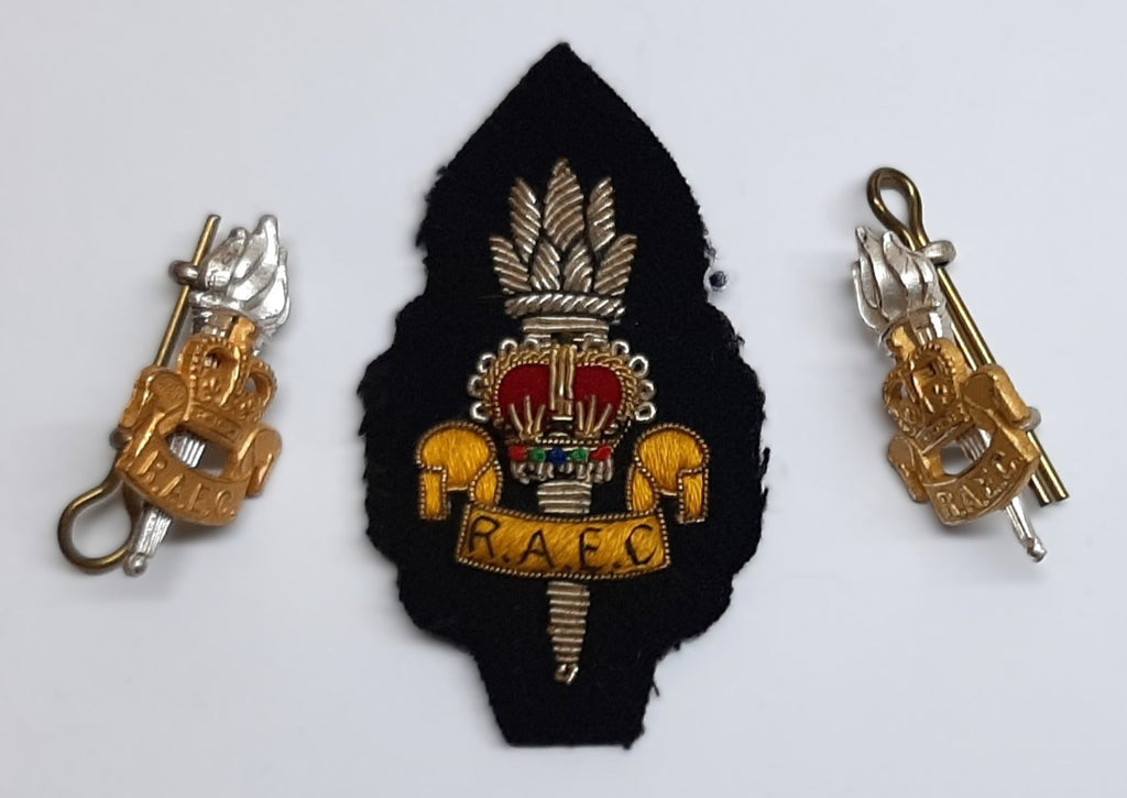 RAEC Hat / Cap Badge and Collar Badges Hand Embroidered Vintage