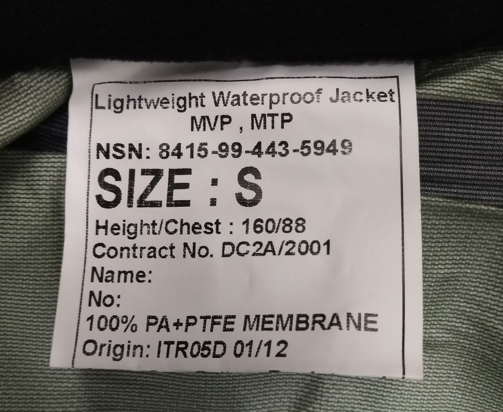 MTP Waterproof Jacket Lightweight MVP Black Fleece Collar Army Multi-Cam Pattern