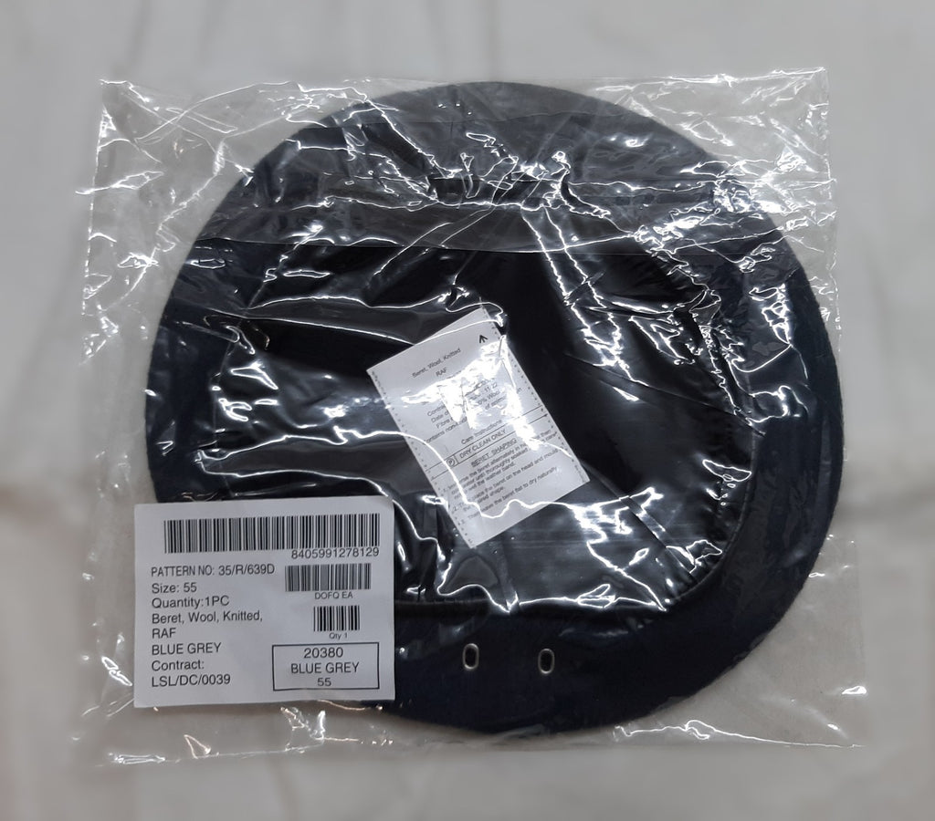 RAF Royal Air Force Beret Knitted Wool Blue Grey With Leather Rim & Badge Eyelets 55cm New