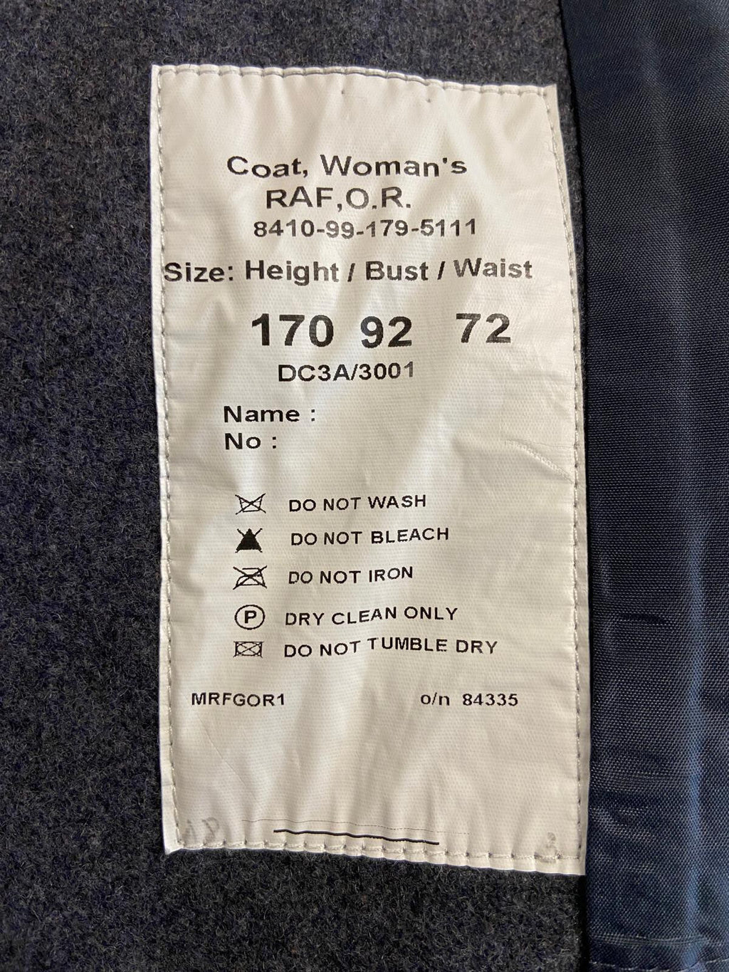 WRAF / RAF Royal Air Force Greatcoat Airforce Blue Grey Colour Great Coat Woman's Size 170/92/72cm