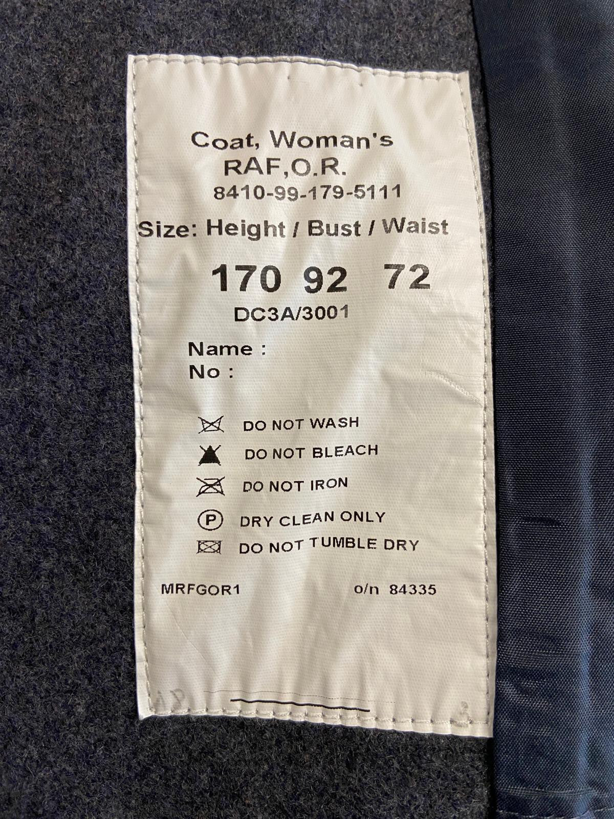 WRAF / RAF Royal Air Force Greatcoat Airforce Blue Grey Colour Great Coat Woman's Size 170/92/72cm