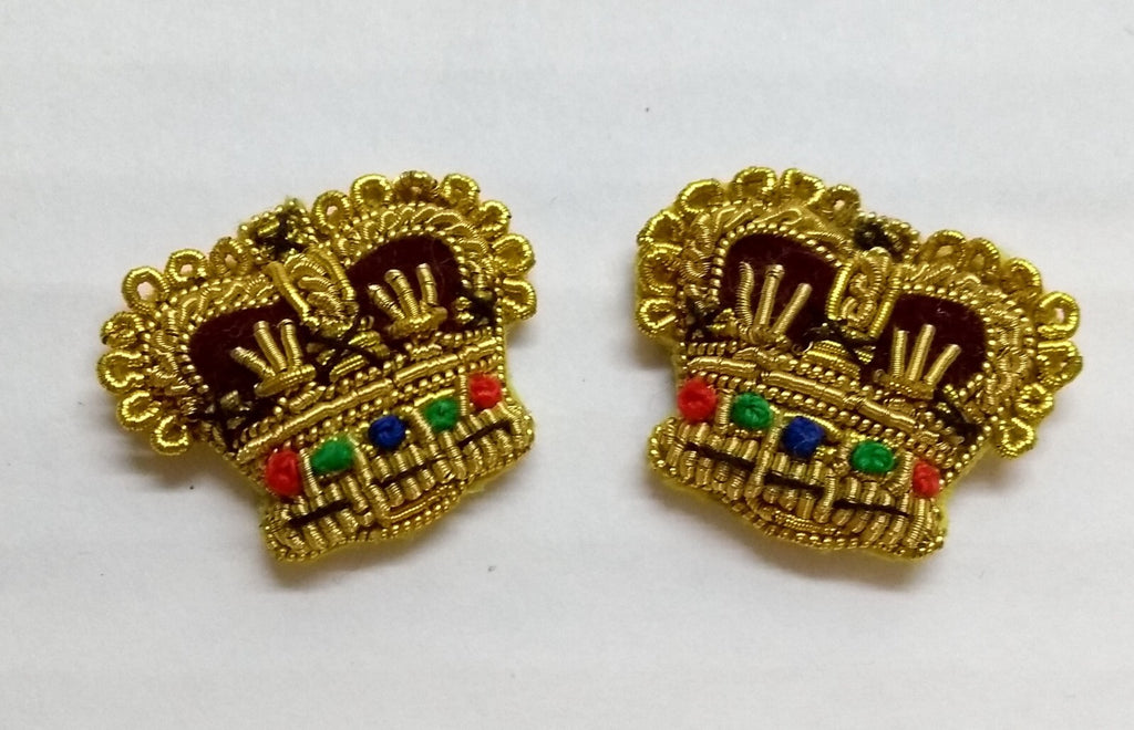 Army Crowns Gold With Crimson Padding Hand Embroidered H/E Insignia 5/8" 1 Pair