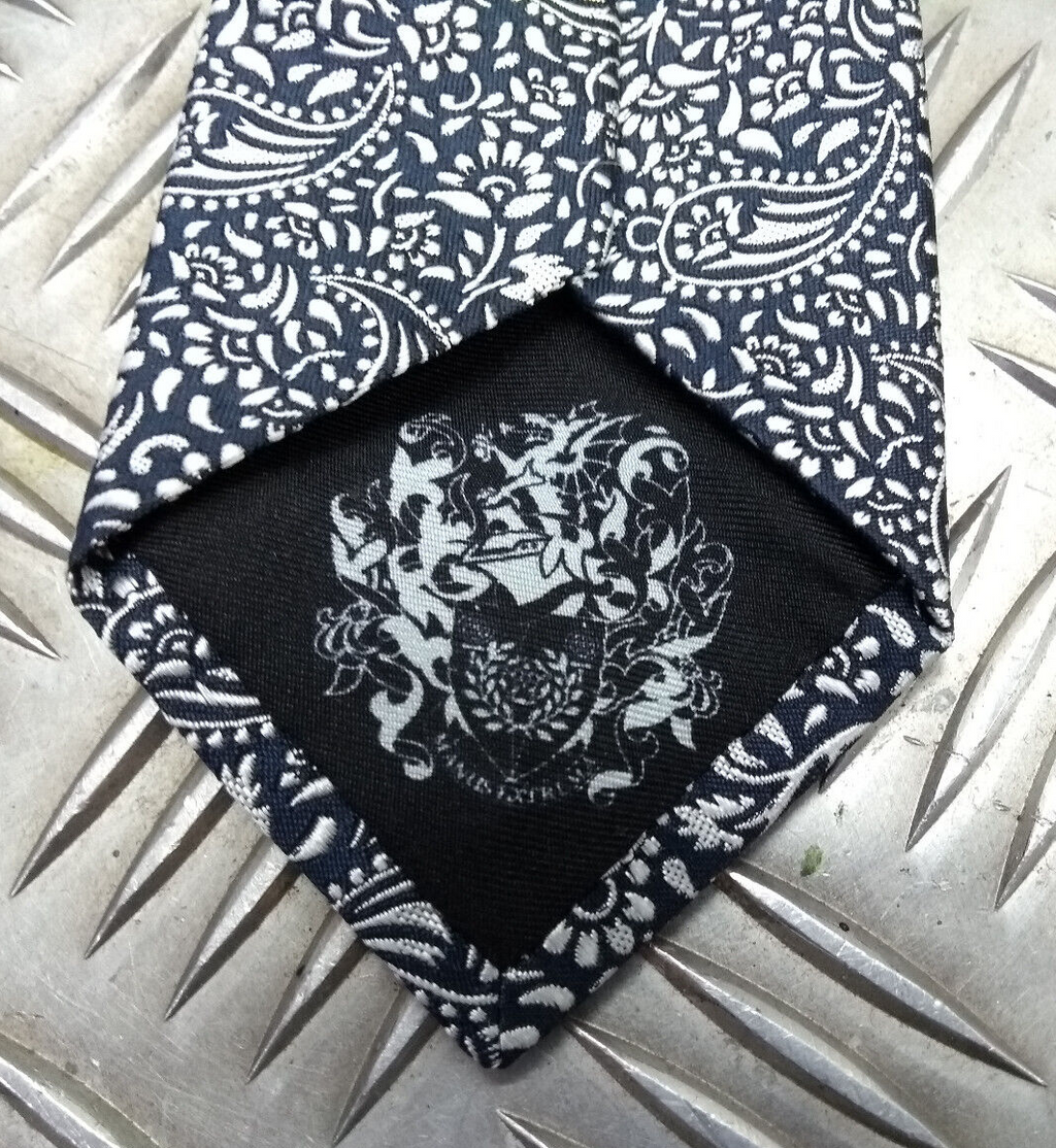 White Paisley Pattern on Black Silk Tie - NEW